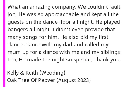 Review Of Oak Tree Wedding DJ